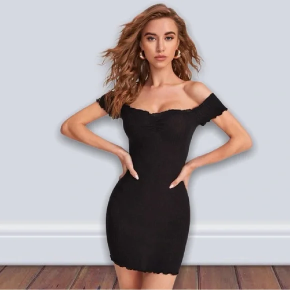 New Casual Black Lettuce Trim Ribbed Off-the-Shoulder Bodycon Mini Pencil Dress - Picture 3 of 15